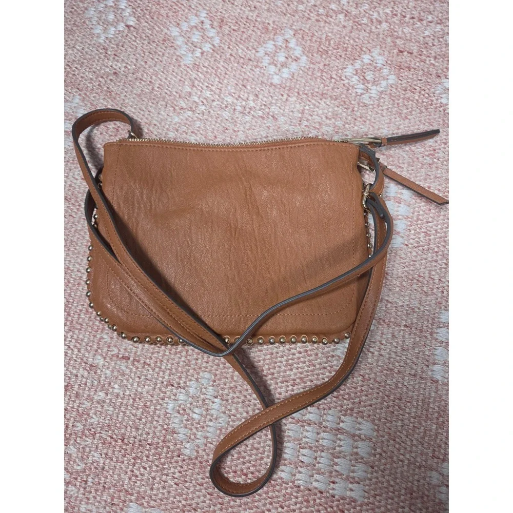 Jessica Simpson Cognac Brown Studded Triple Zip Crossbody Bag Gold Hardware